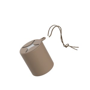 A silicone case in a tan colour with a string loop for attachment. The case is cylindrical in shape and has a logo.