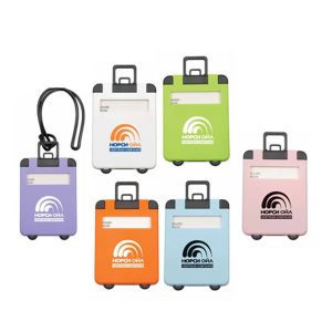 A set of luggage tags in purple, green, orange, pink, and blue, featuring a logo and a plastic loop for attachment.