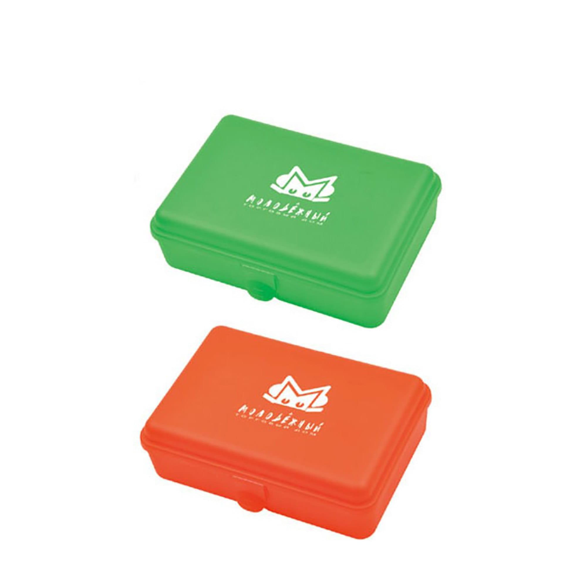A green and orange lunch box, featuring a logo, designed with a three-part compartment structure.
