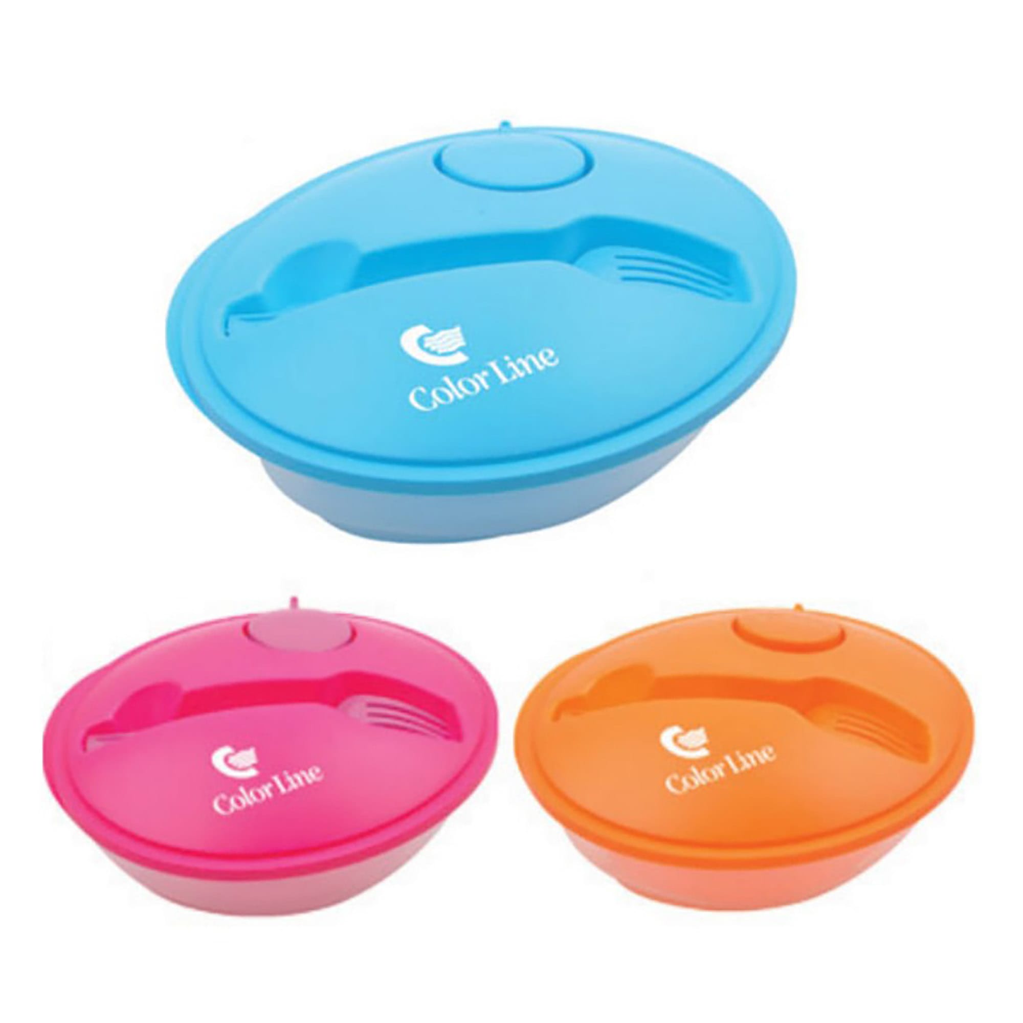 A blue, pink, and orange salad lunch box with compartments and utensils. Each box has a logo.