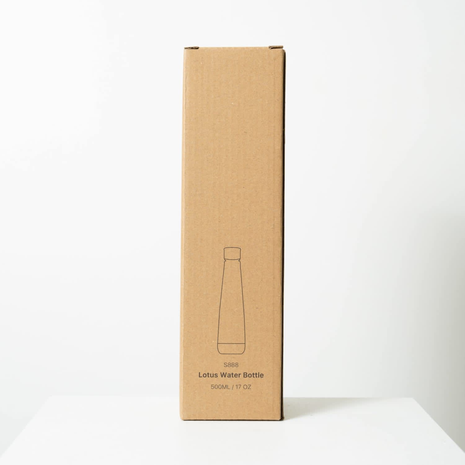 A drink bottle in a cardboard package, featuring a sleek design. The bottle is labelled as 500ml.