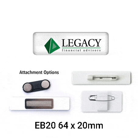 An assortment of epoxy name badges in different styles, featuring a logo, in white and black colours.
