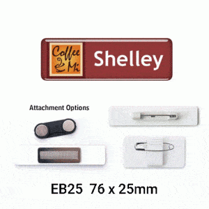 A set of red and white epoxy name badges with various attachment options displayed beside them.