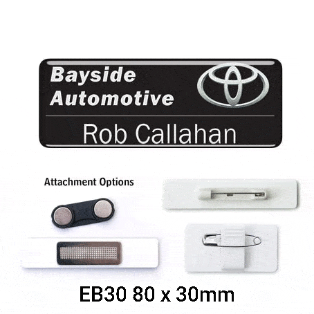 A set of epoxy name badges in black and white featuring a logo and various attachment options.