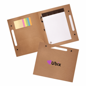 A brown Enviro Folder with a notepad, sticky notes, and a pen, featuring a logo.