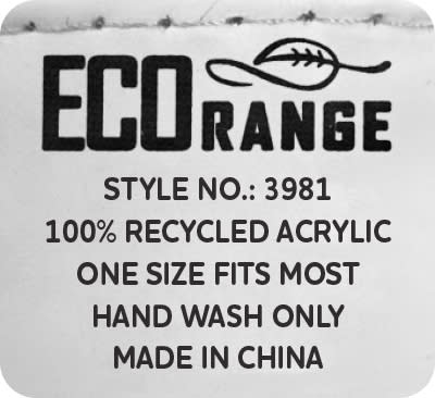 A label featuring details about a cap, including its eco-friendly material, size, and care instructions, primarily in black and white.