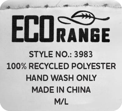 A white label displaying care instructions for a recycled polyester product with an eco-friendly branding logo.