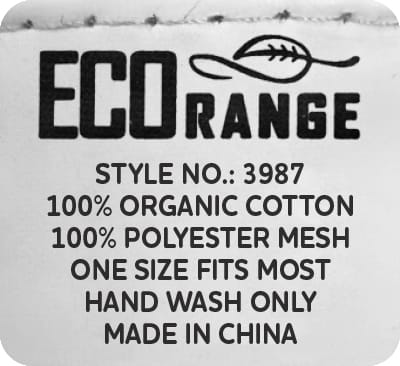 A white tag featuring eco-friendly branding, with details about a cap made of organic cotton and polyester mesh.
