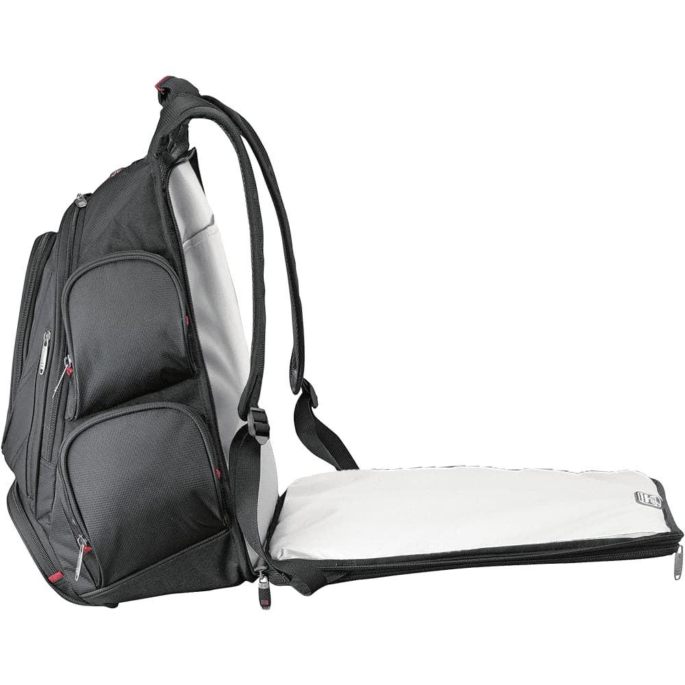 Close-up of black zippers with textured grips and red accents on a backpack. Features a sleek, modern design.