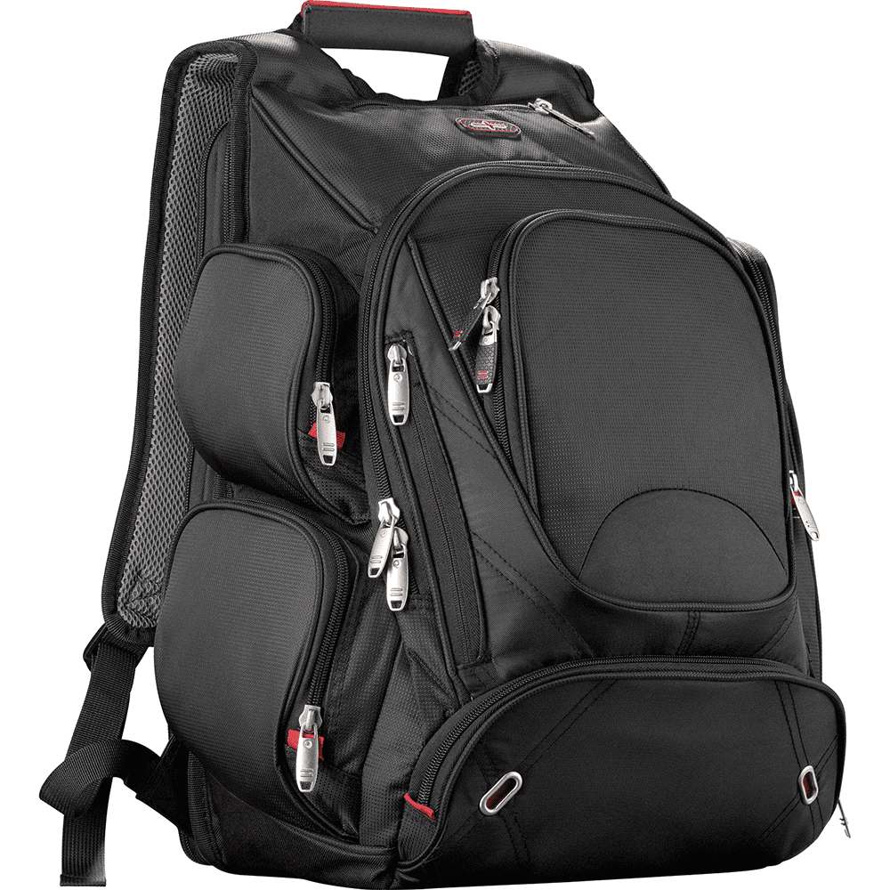 A black, checkpoint-friendly backpack with multiple zippered pockets and a mesh side pocket. Features a logo.