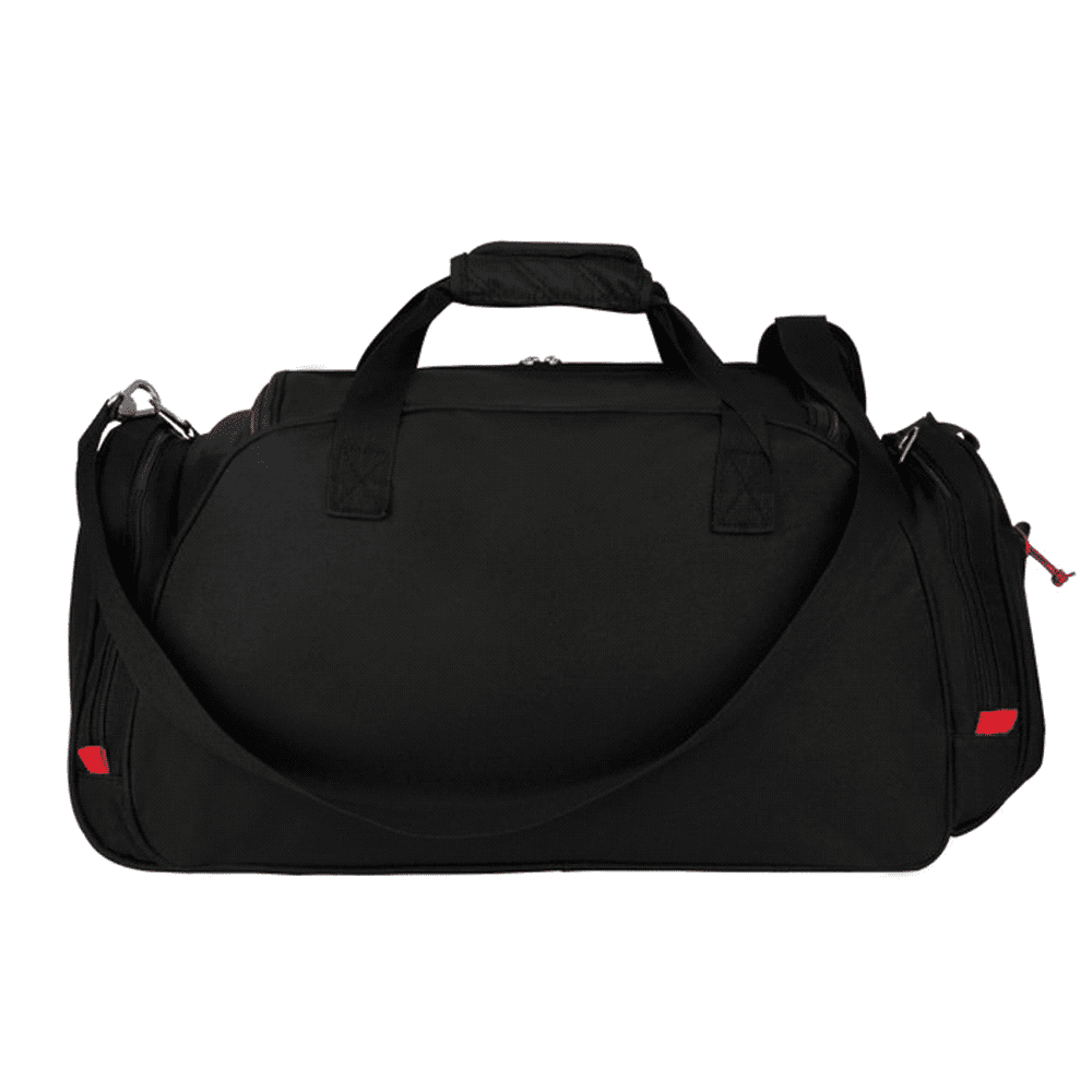A black duffel bag with a zippered compartment displaying a pair of white sneakers. The bag features a logo.