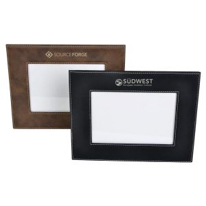 Two 5x7 photo frames in brown and black with decorative stitching and a logo on each.