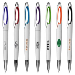 A collection of white plastic pens with varied coloured grips and metal tips, featuring different logos.