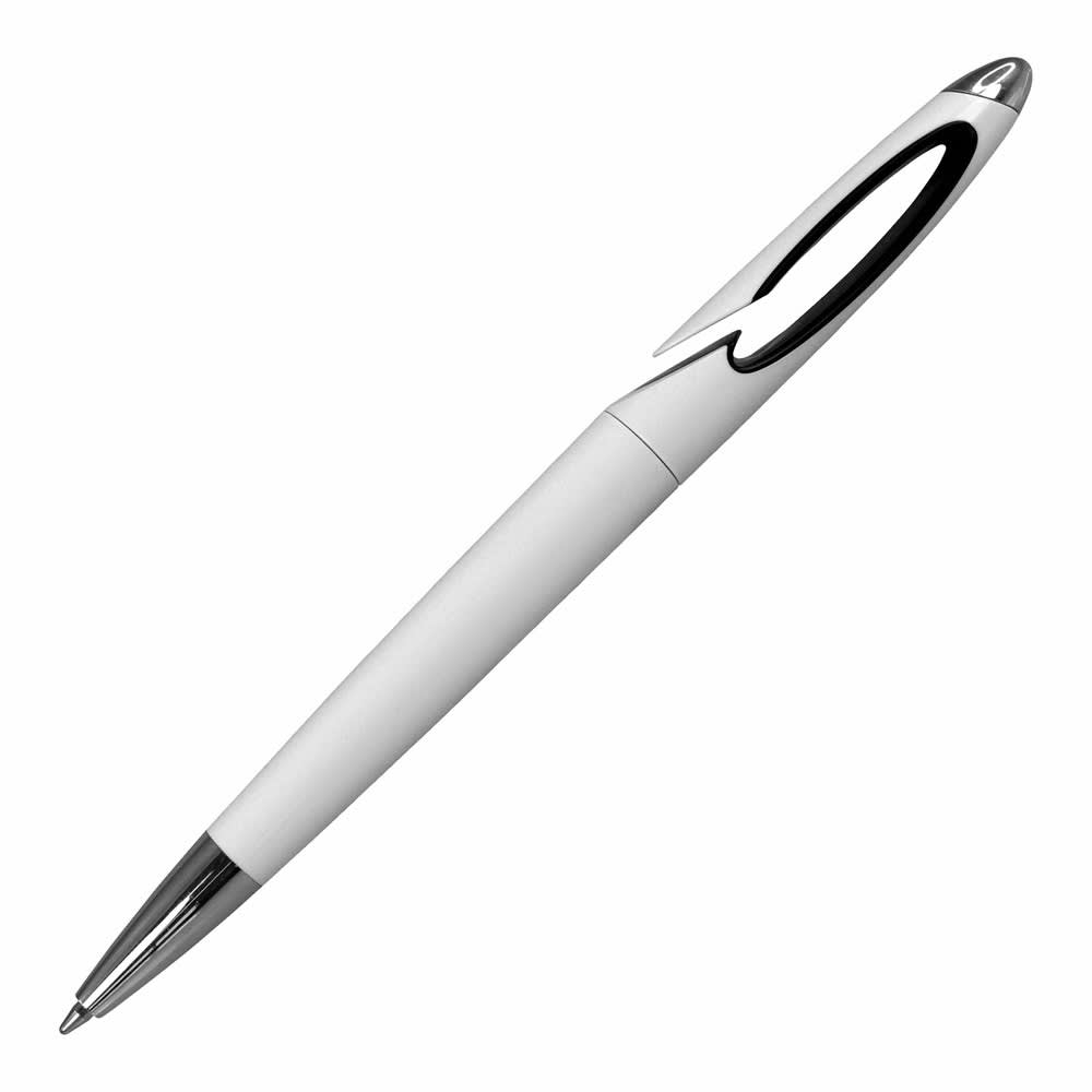 A white plastic pen with a chrome tip and a stylised clip, featuring a logo.