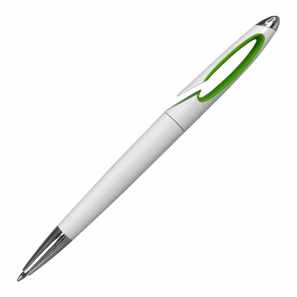 A plastic pen in white with a green accent and silver tip, featuring a logo on the side.