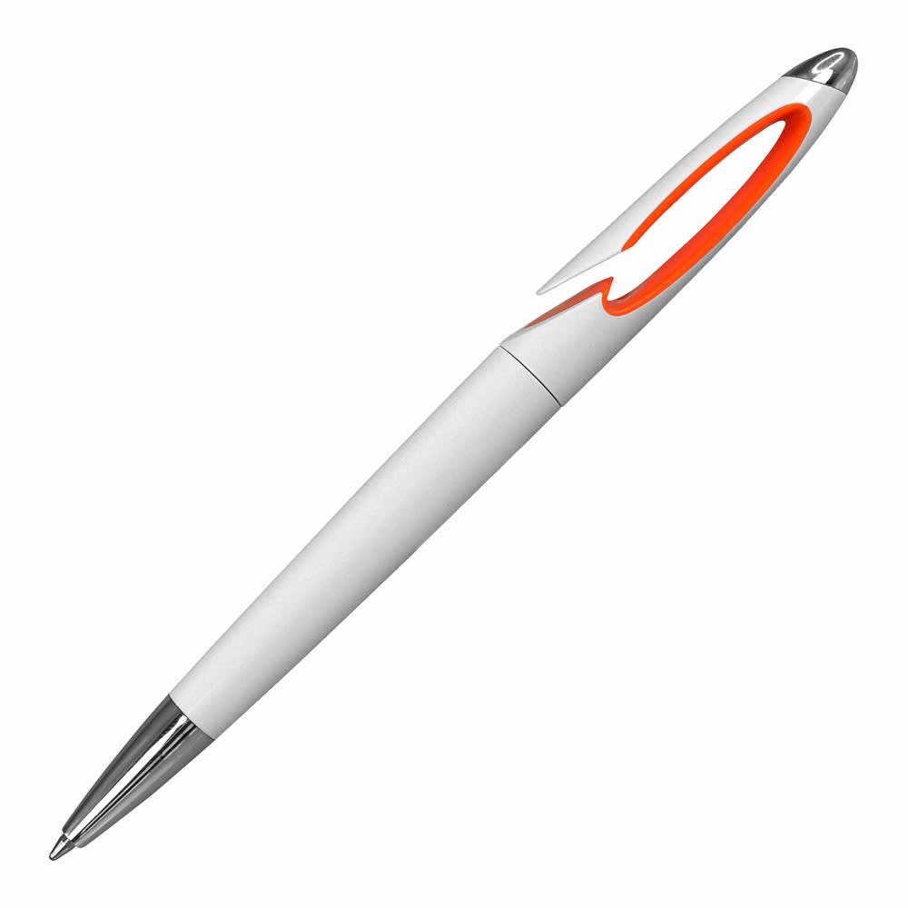 A plastic pen in white with an orange accent and a chrome tip, featuring a logo.