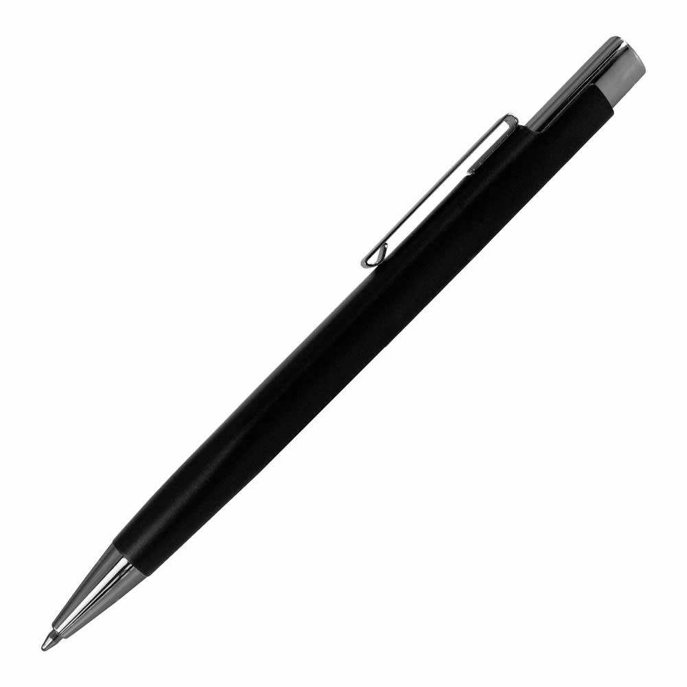 A metal pen in black with a silver clip and tip, featuring a logo on its side.
