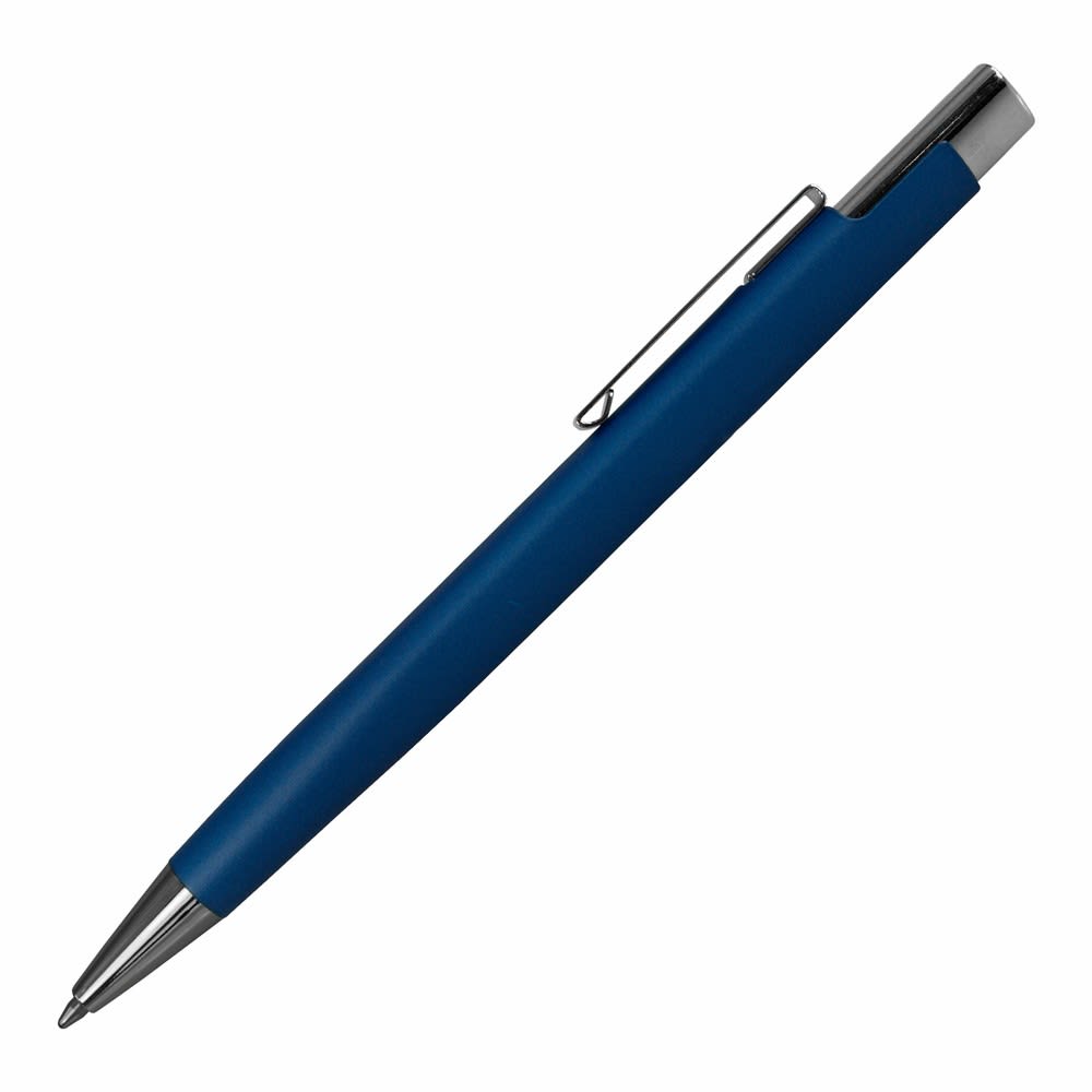 A metal pen in a blue finish with a silver clip and tip, featuring a branding logo.