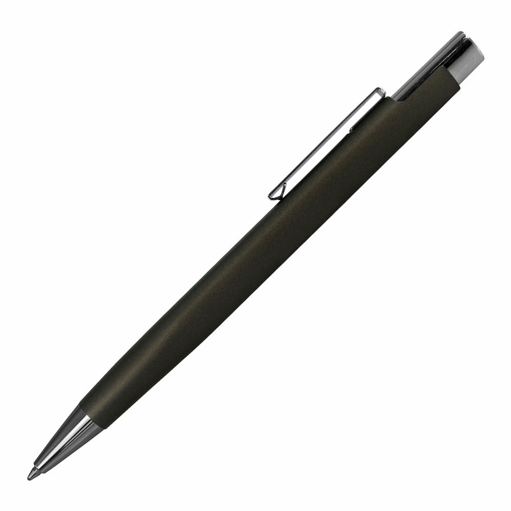 A metal pen in olive green with a silver clip and tip, featuring a logo on its body.