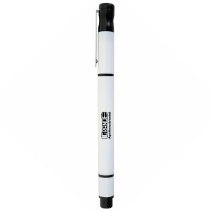A dual pen and highlighter in white and black, featuring a logo on its body.