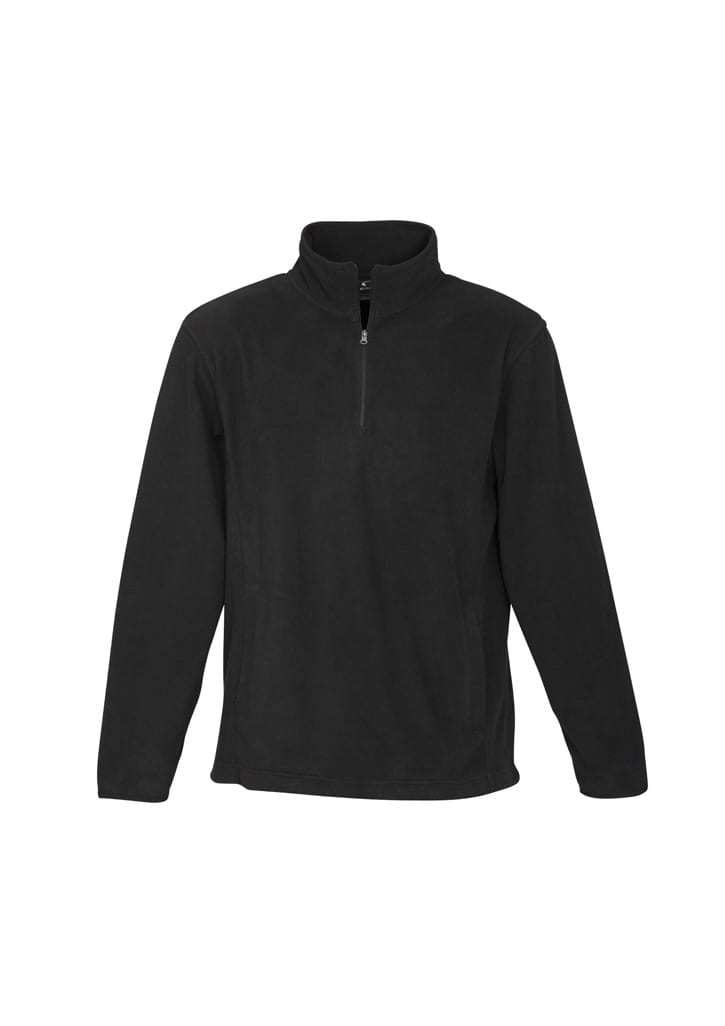 A black polar fleece jacket with a quarter zip and long sleeves. It features a logo on the front.