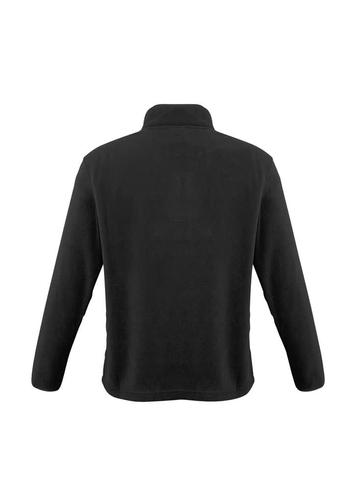 A black polar fleece jacket featuring a collar and long sleeves, with a simple design and branding on the back.