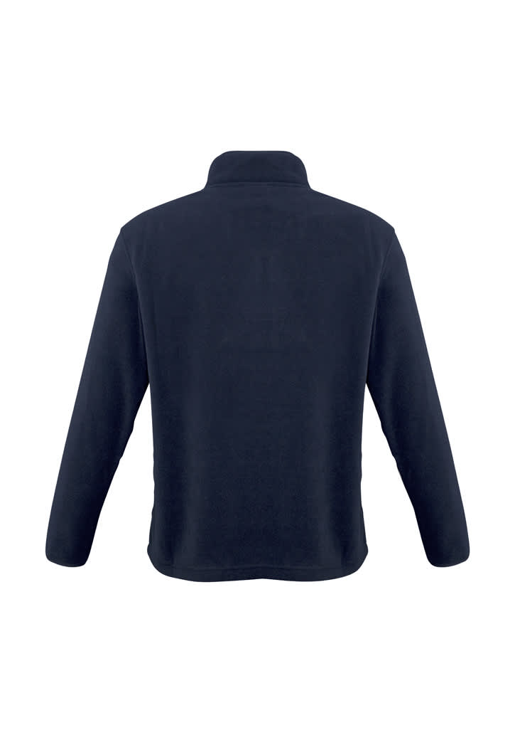A navy polar fleece jacket with a high collar and long sleeves, featuring a logo.
