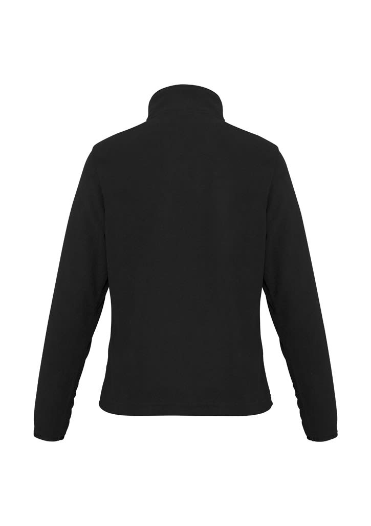 A black polar fleece women's jacket featuring a high collar and long sleeves, with a logo on the back.