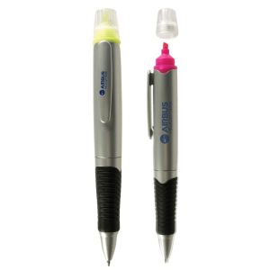 A duo highlighter and pen in silver with a black grip, featuring yellow and pink highlighting ends and branding.