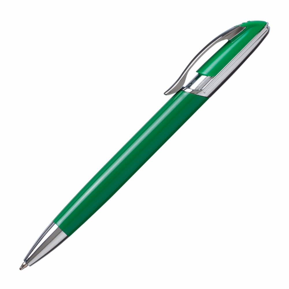 A green metal pen with a silver clip and trim, featuring a logo on the barrel.