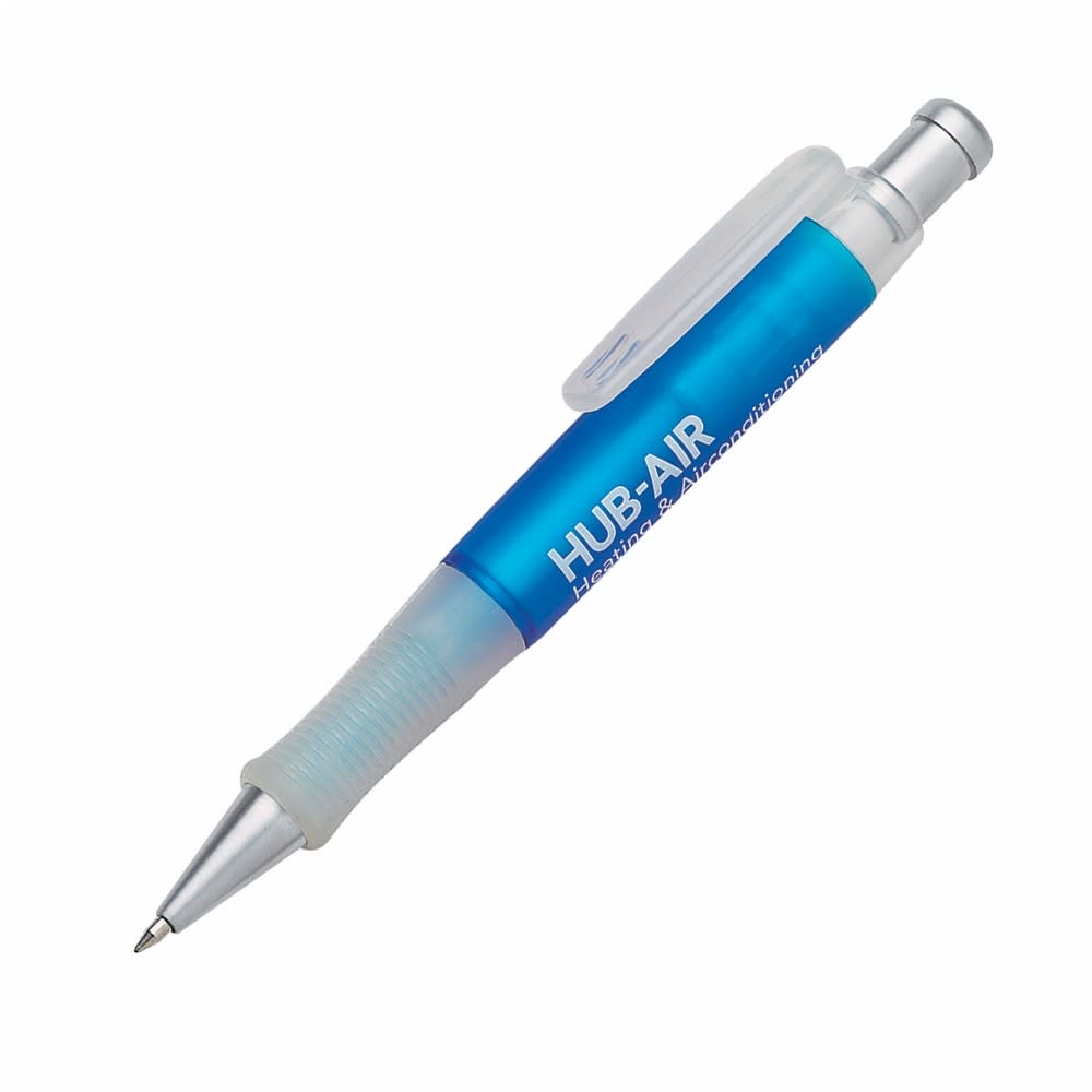 A plastic pen in blue and clear with a grip and a clip, featuring a logo.
