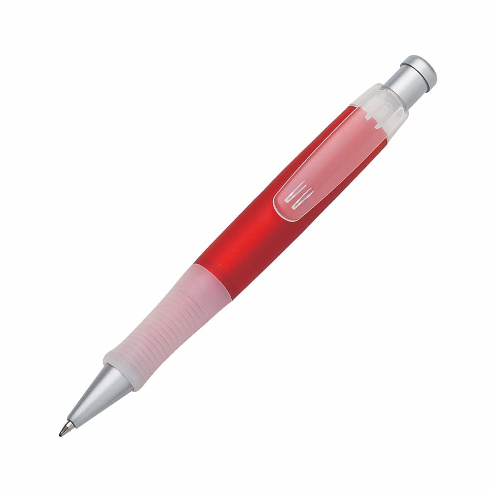 A red plastic pen with a clear grip and silver accents. It features a logo on its body.