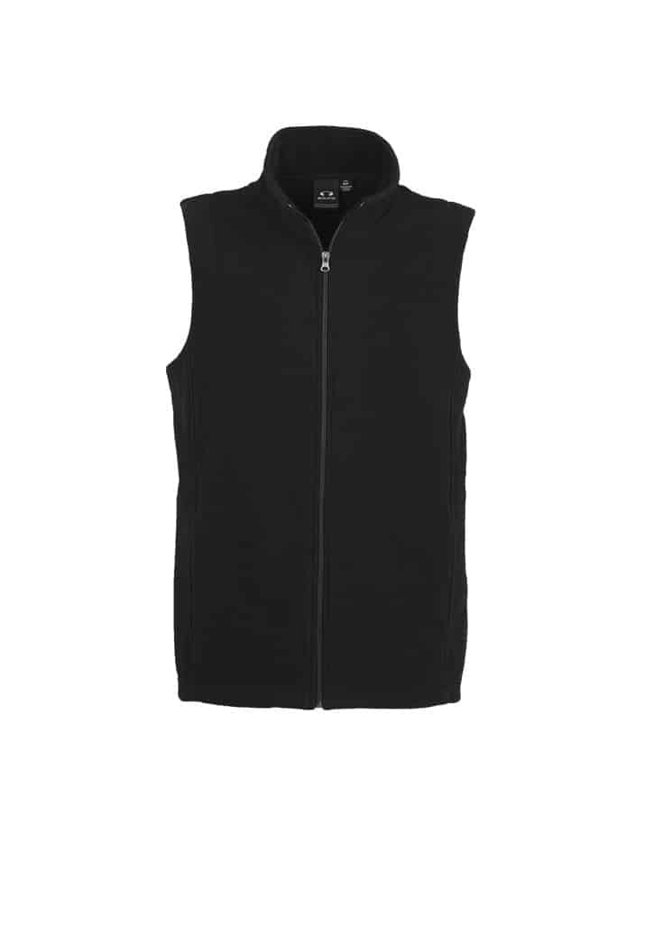 A black micro fleece vest with a zip front and a high collar, featuring one logo on the upper area.