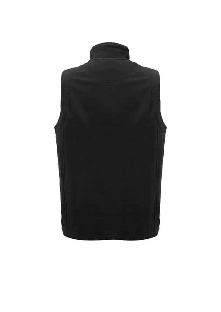 A black micro fleece vest with a high collar and no sleeves, featuring a logo.