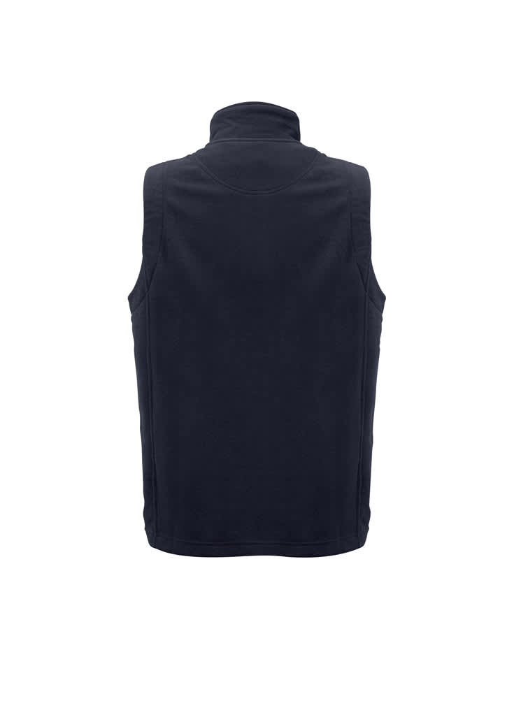 A plain black micro fleece vest with a high collar and no sleeves, featuring a logo on the back.