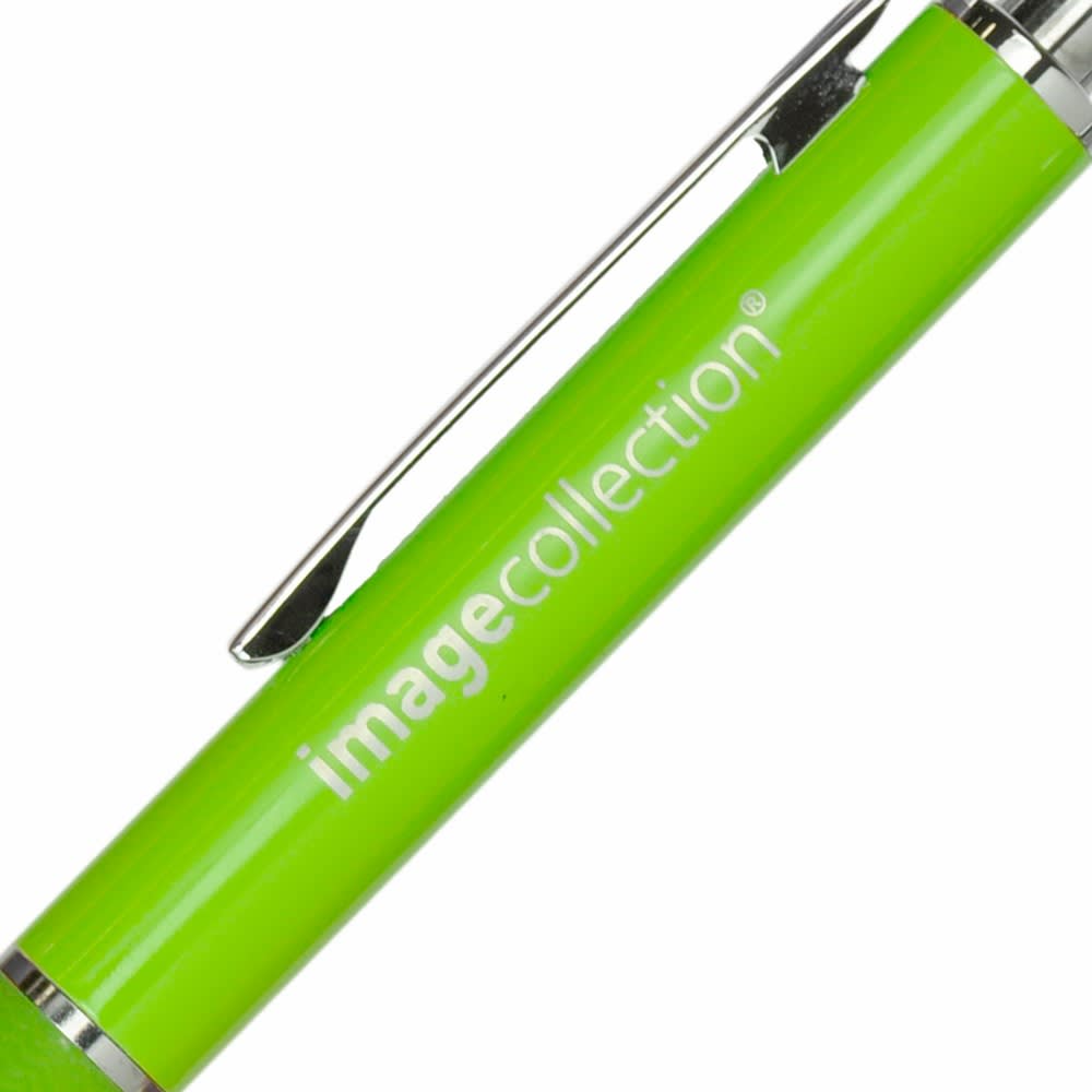 A green metal pen with a sleek design and a clip, featuring a branding logo.