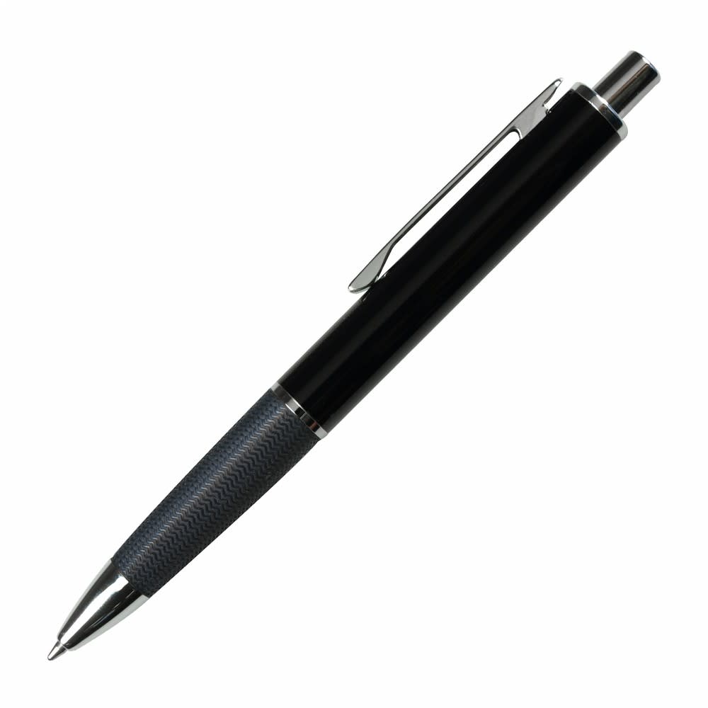A black metal pen with a textured grip and a shiny silver clip, featuring a branding logo.