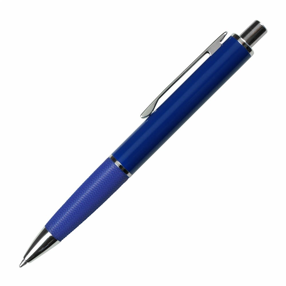 A metal pen in blue with a textured grip and a shiny silver clip and tip. It features a branding logo.