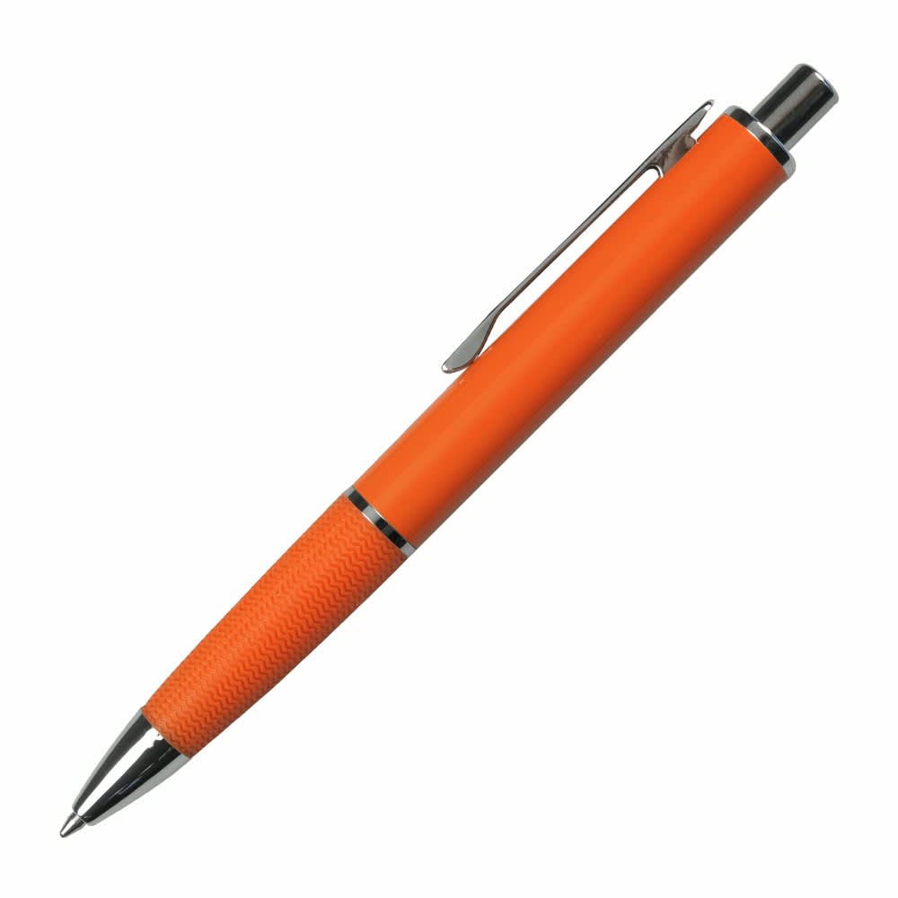 An orange metal pen with a textured grip and chrome accents, featuring a clip and branding.