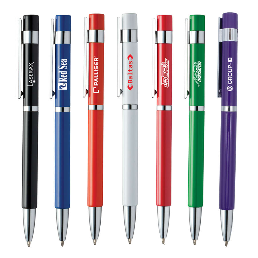 A collection of pens in various colours including black, blue, red, white, green, and purple, featuring logos.