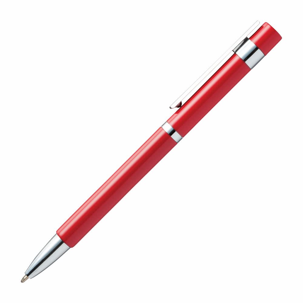 A red pen with a chrome trim and a clip for easy attachment. It features a smooth barrel design.