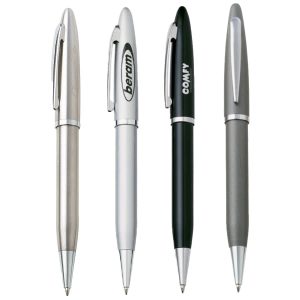Four metal pens in various colours: silver, grey, black, and a textured silver with branding.