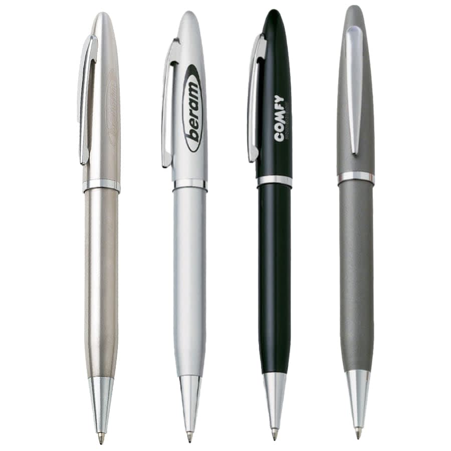 Four metal pens in various colours: silver, grey, black, and a textured silver with branding.
