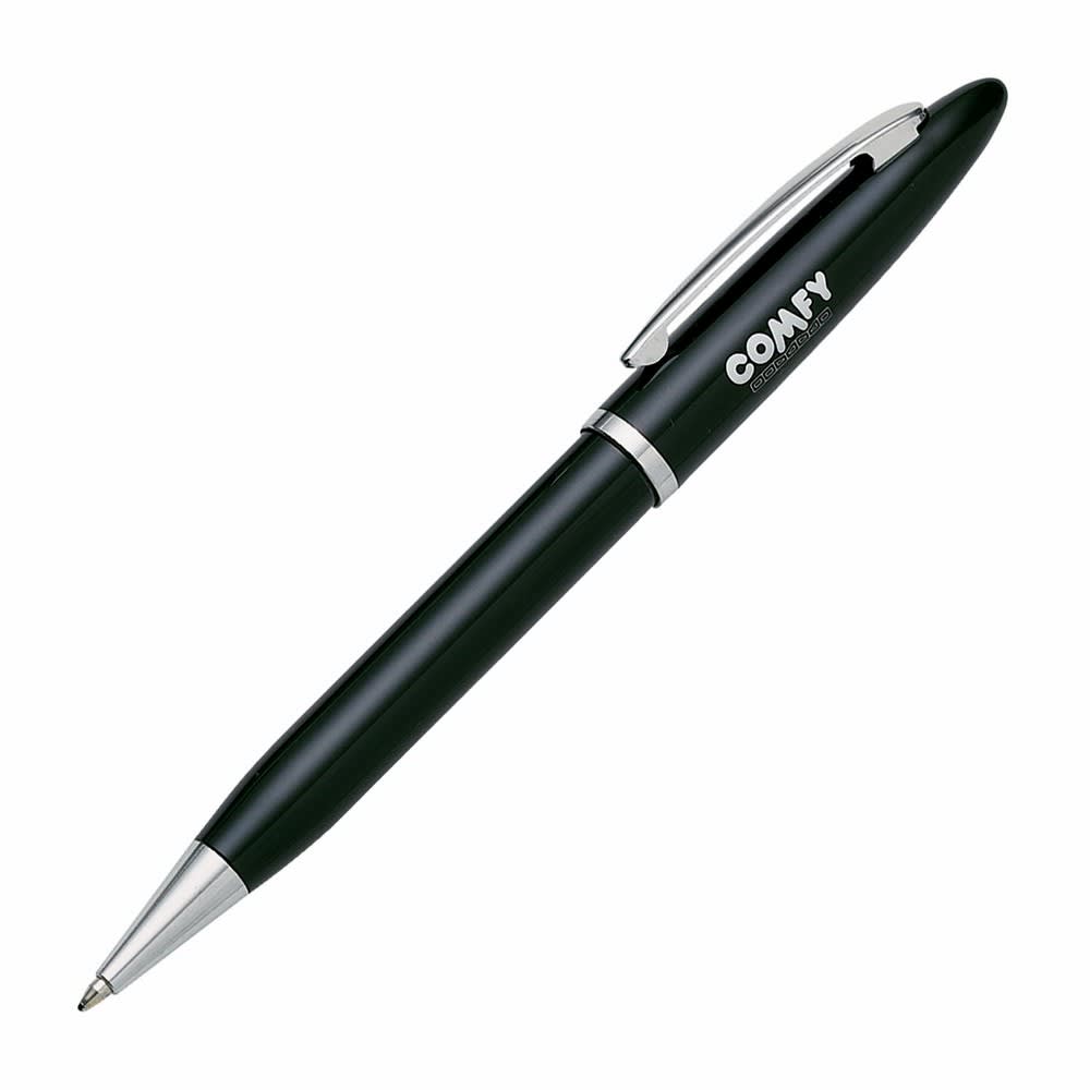 A black metal pen with a silver clip and branding, featuring a sleek design suitable for writing.