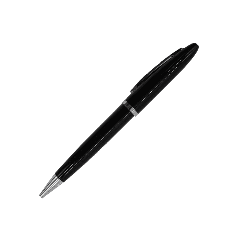 A metal pen in sleek black with silver accents and a clip, featuring a logo.