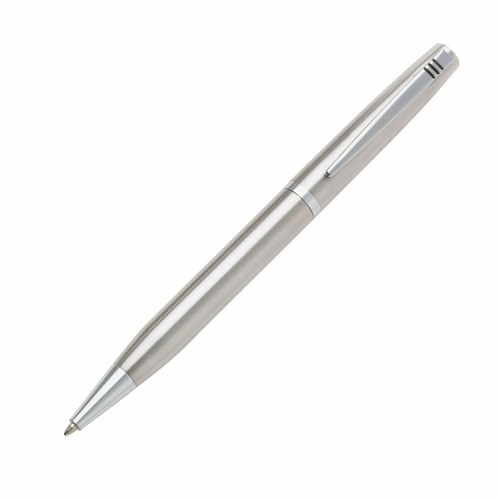A silver pen with a sleek design and a clip, featuring a branding logo.