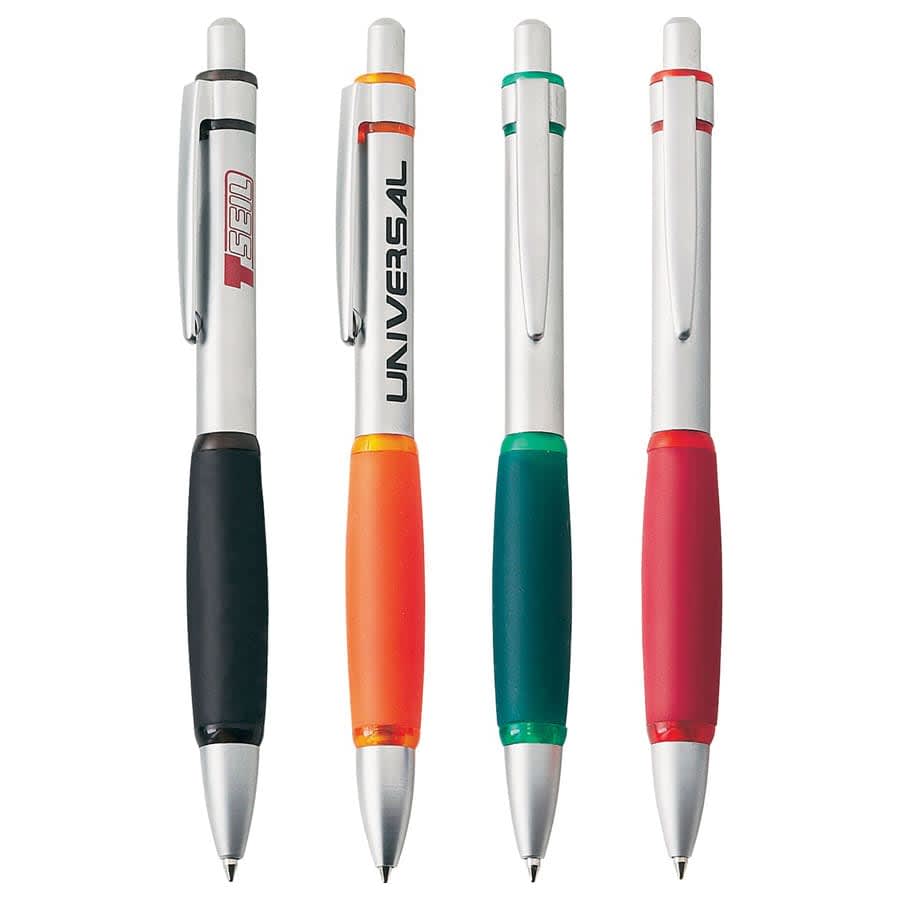 A set of four metal pens in black, orange, green, and red, each featuring a different design and a branding logo.