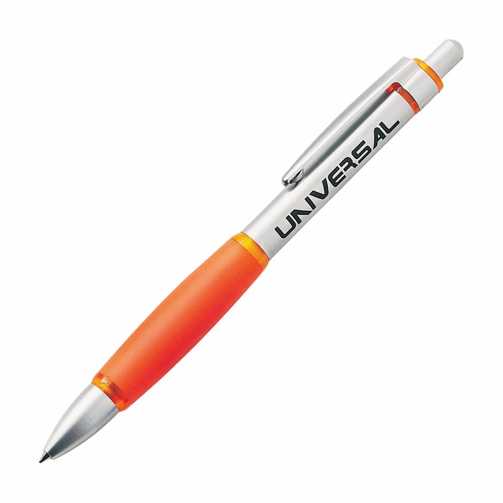 A metal pen with a silver barrel and an orange grip featuring a branding logo.