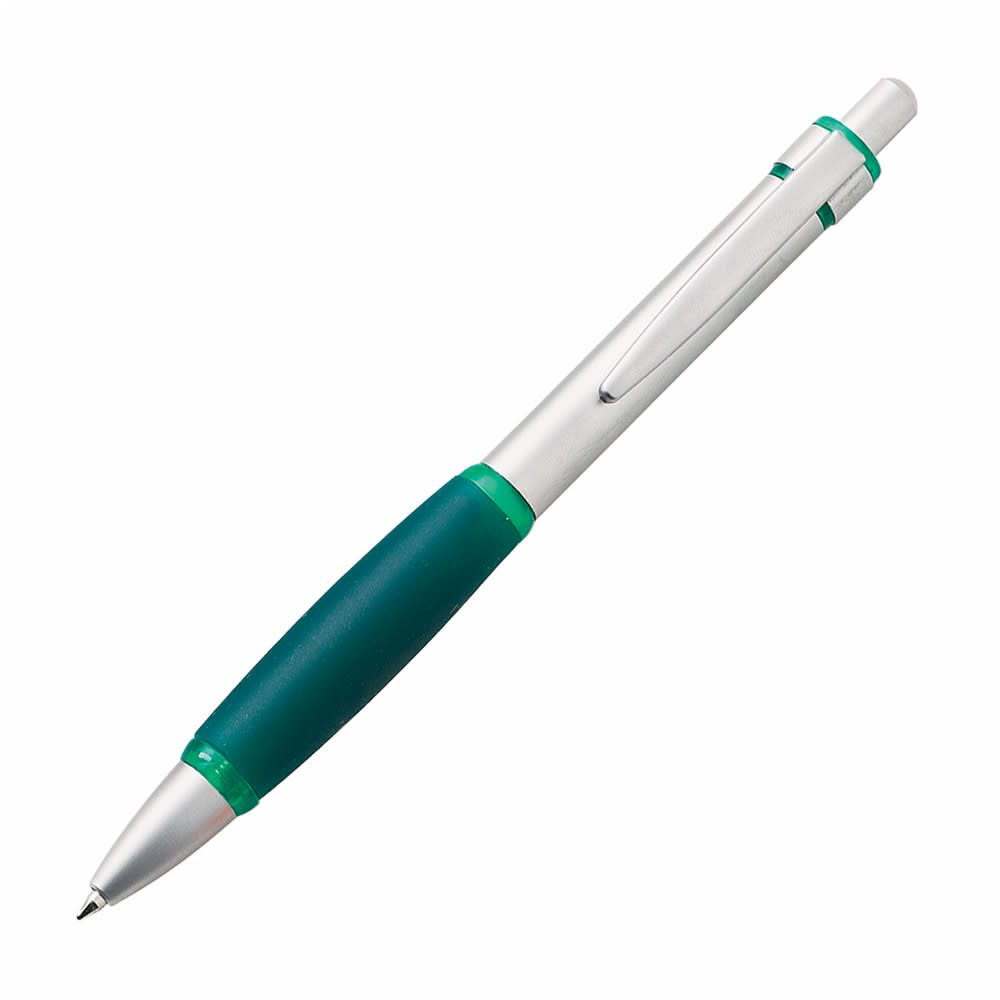 A metal pen with a green rubber grip and silver accents, featuring a clip and a logo.
