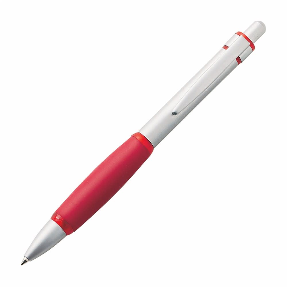 A silver and red metal pen with a smooth design, featuring a clip and a rubber grip. It includes a logo on the barrel.